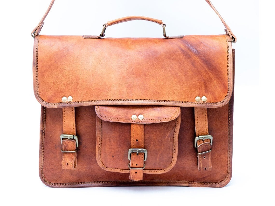 Vintage Genuine Leather Messenger Satchel for Men - Large Goat Leather Briefcase
