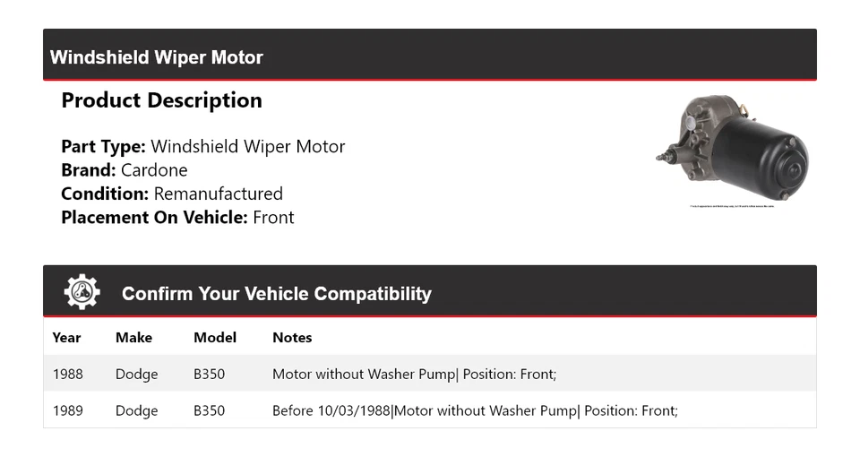 For 1988-1989 Dodge B350 Windshield Wiper Motor Front Cardone - Image 2 of 4