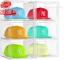 6 Pack Hat Organizer Box, Stackable Clear Baseball Caps Holder Box Containers wi