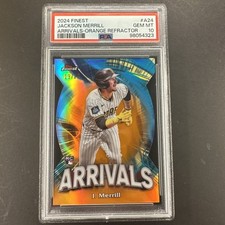 2024 Topps Finest Jackson Merrill RC Arrivals Orange Refractor 19/25 PSA 10