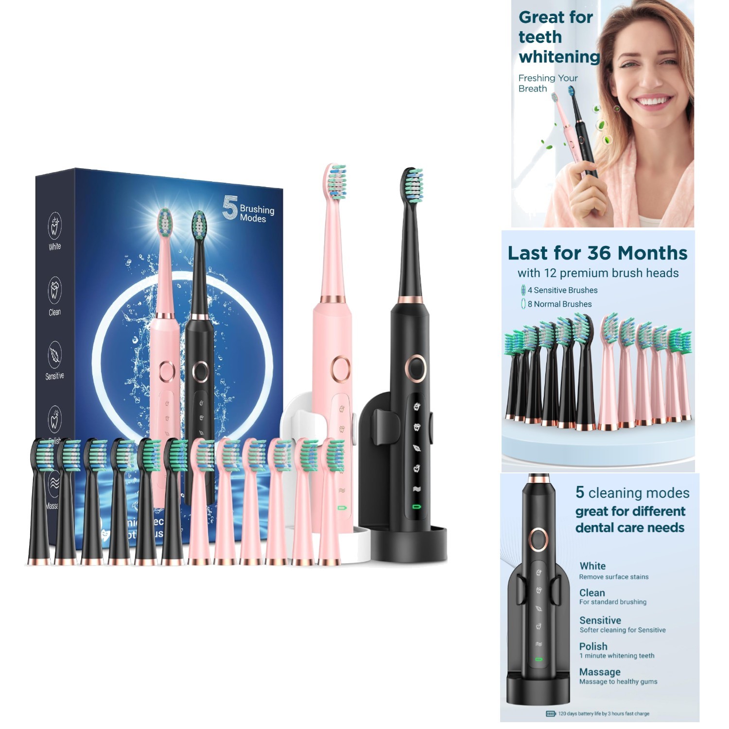 Travel-Friendly Electric Toothbrush Pair with Whitening & Se