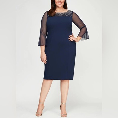 NWT ALEX EVENINGS Plus Short Sheath Dress Illusion Neckline Bell Sleeves Navy 16