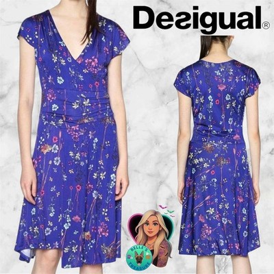 Desigual Womens Medium Raki Short Sleeve Dress Blue Floral Midi Faux Wrap Luxury