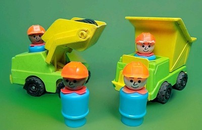 VTG Fisher Price Little People Construction Dump Truck Backhoe 4 Worker Figures