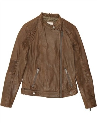 PEPE JEANS Womens Biker Leather Jacket UK 6 XS Brown Leather AT01