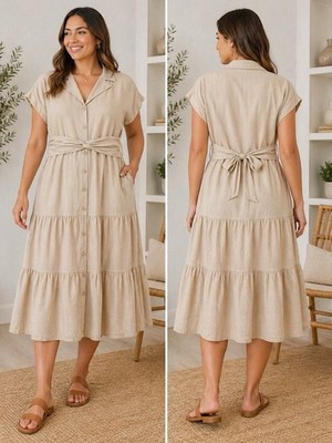 Maison Tara (NWT) Button Front Midi Shirt Dress 16 Latte Tiered Tie Back Boho
