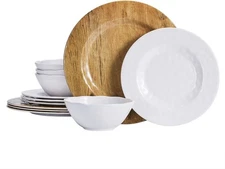 12Pcs Melamine Dinnerware Set for 4 Summer Camping Dishes Set with Dinner Plates