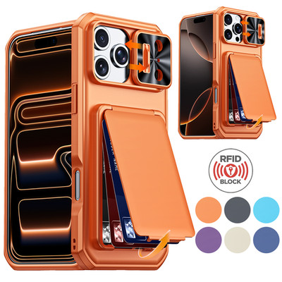 RFID Card Holder Slim Wallet Case For iPhone 17 16 15 Pro Max + Slide Lens Cover