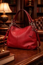 Coach Red Pebbled Leather Hobo Bag Convertible Shoulder Satchel With Detachable