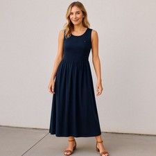 TOMMY HILFIGER Navy Sleeveless Solid Smocked Midi Dress Casual Preppy Size XL