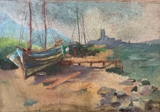 Vintage Water Painting On Board , Sea Landscape, Boats , Very Interesting