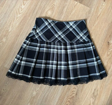 Necessary Objects Y2K Schoolgirl Goth Black Plaid Lace Trim Mini Skirt EUC XS
