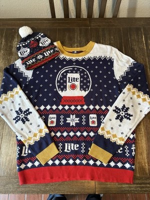 Miller Lite Ugly Christmas Sweater Beanie Set Men s Holiday Beer XL