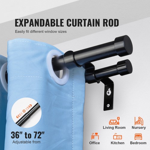 Double Rod Curtain Rods 36-72 inches(3-6ft) Adjustable Length Cap Finials - Picture 2 of 12