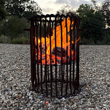 Round Steel Wood Brazier Fire Pit Basket, Rusty Finish, Handle, 70cm