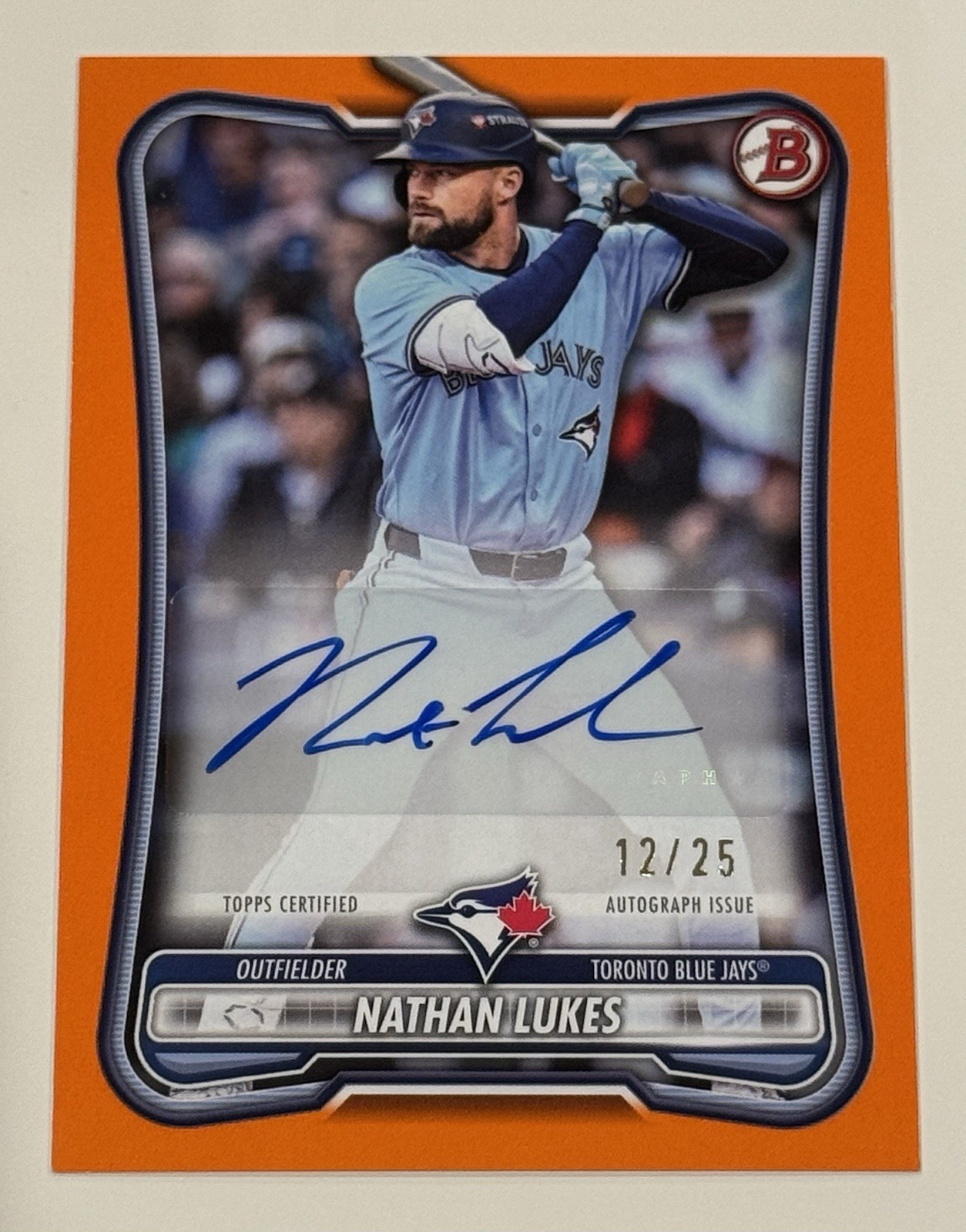 2026 Bowman Nathan Lukes Orange Auto SSP /25 PRV-NL Blue Jays