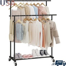 Metal Double Rod Garment Rack W/ Large Storage Space & Wheels Easy Movement New