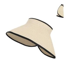 Sun Visors for Women Wide Brim Beach Hat Foldable Straw Visor Hat Beige