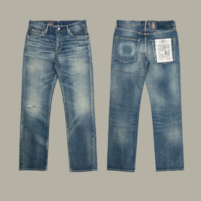 Red Tornado Retro Wash Water Blue Raw Denim Hose Straight Leg Distressed Jeans