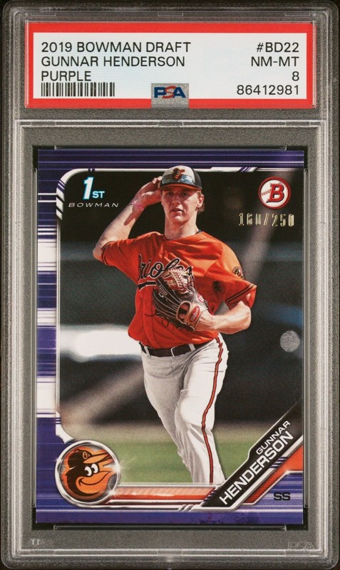 (#160/250) 2019 GUNNAR HENDERSON BOWMAN DRAFT PURPLE PSA 8 MINT #BD22 ROOKIE HOT