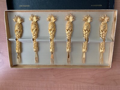 Vintage Janis Collection 24K Gold Plated Cocktail Forks Set of 6 - Pineapple