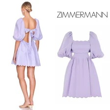 NEW $750 Zimmermann Natura Halliday Scallop Open Back Lilac Linen Mini Dress AU2