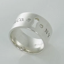 Size 4.5 Tiffany NY New York Keyhole Diamond Wide Band Ring in Sterling Silver