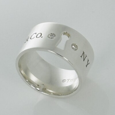 Size 4.5 Tiffany NY New York Keyhole Diamond Wide Band Ring in