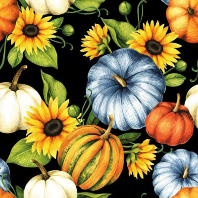 Fall Autumn Thanksgiving Pumpkins and Gourds on Black100% Cotton Fabric ...