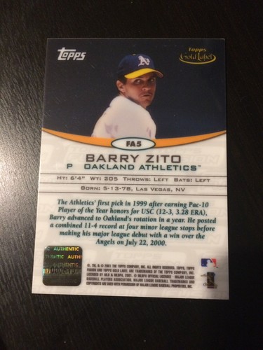 *** BARRY ZITO 2001 TOPPS FUSION AUTO BASEBALL CARD #FA5 - OAKLAND ATHLETICS *** - Bild 2 von 2