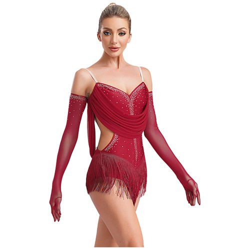 Mujeres ~ Body Brillante Estrás Vestido Latino Jazz Danza Leotardo con Guantes - Imagen 62 de 81