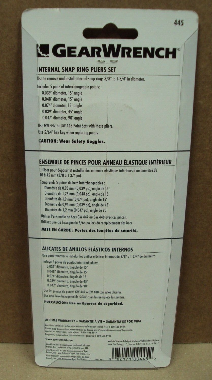 GEARWRENCH 445 INTERNAL SNAP RING PLIERS SET 447 eBay
