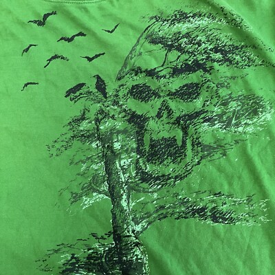 Vtg Y2k Kani Gold Skull Bird Tree Art Affliction Style Green T