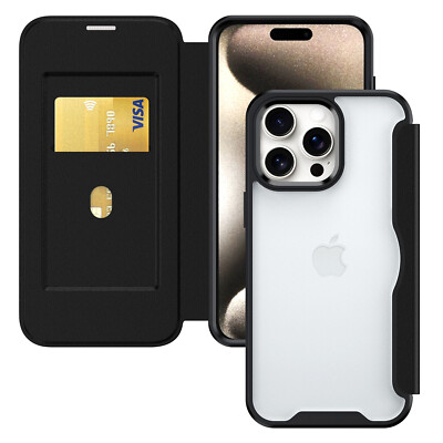 For iPhone 16/15/14/13/12 Pro Max Flip Magnetic Clear Back RFID Card Wallet Case