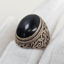 Vintage Sterling Silver 925 Ring Band Black Onyx Ornate Scroll Open Work Size 7 