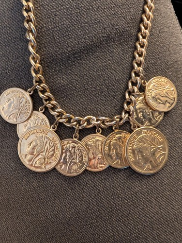 VTG Republique Francaise Gold Tone Coin Dangle Necklace Chain