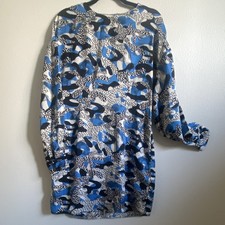 ASOS Blue Black White Abstract Print Long Sleeve Crew Neck Shift Short Dress 12