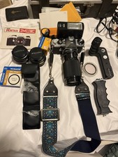 Pentax ME Super Silver 35mm SLR Film Camera w/ Flash, Lenses Accessories