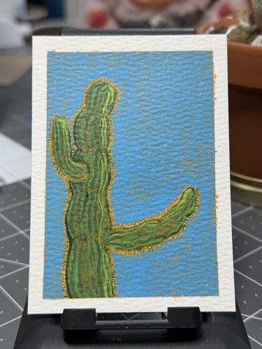 ACEO original painting gouache, Saguaro, cactus, nature, desert, malachitemire 
