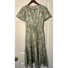 LOFT NWT S Petite Green Paisley Print V Neck Flutter Sleeve Satin Midi Dress