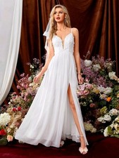 Elegant White Chiffon Wedding Dress with Leaf Appliques  Mesh Insert - Small