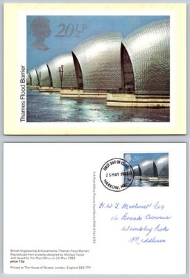 1983 Thames Flood Barrier PHQ Card FDC, London UK Engineering Stamp