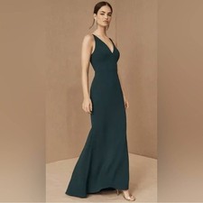 Anthropologie BHLDN V Neck Crepe Emerald Green Maxi Dress Size 4