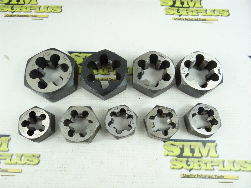 LOT OF 9 ASSORTED HSS HEX DIES 3/8"-18BSPT TO M30 X 3.5 WIDELL