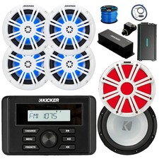Kicker KMC2 Marine BT Radio, 4x 6.5" LED White Speaker,Amp w/Kit, Sub, Extras