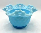 Vintage Fenton Glass Bowl Powder Blue Satin Basket Weave Open Edge Lattice