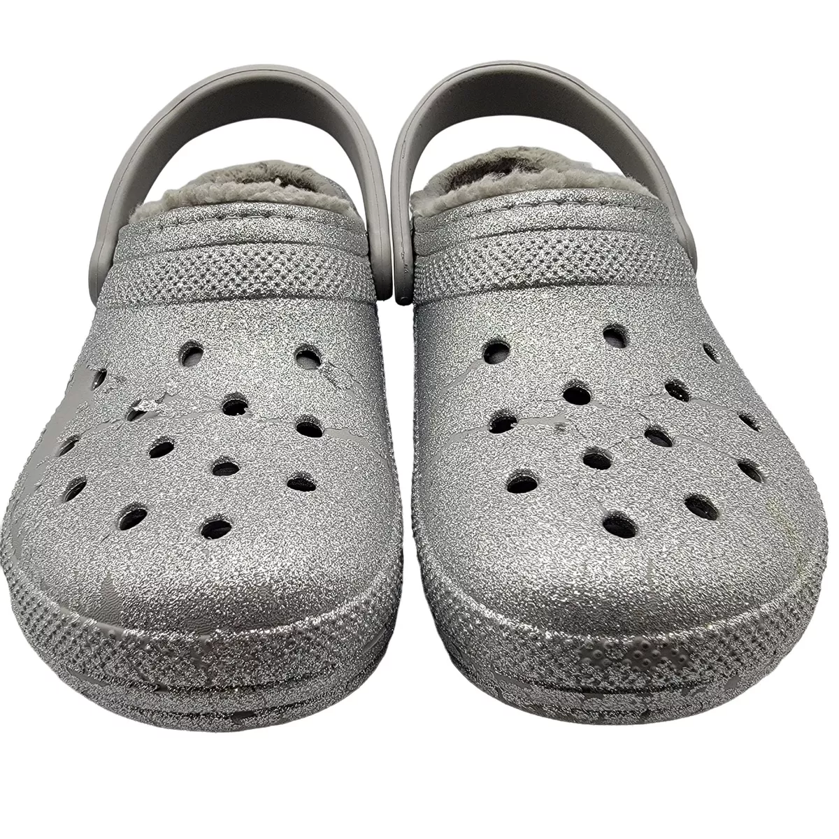 Ny ankomst Peep milits Crocs Classic Womens 9 Silver Glitter Faux Fur Lined Comfort Clogs 205842