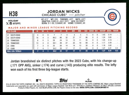 2024 Topps Holiday Jordan Wicks RC Chicago Cubs #H38 - Picture 2 of 2