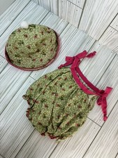 Vintage Handmade Girl Doll Floral Green Romper And Hat Set Baby Doll Clothes