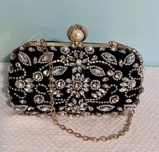    NEW Beaded Rhinestone Clutch Evening Bag Black Gold Silver Prom Formal Purse